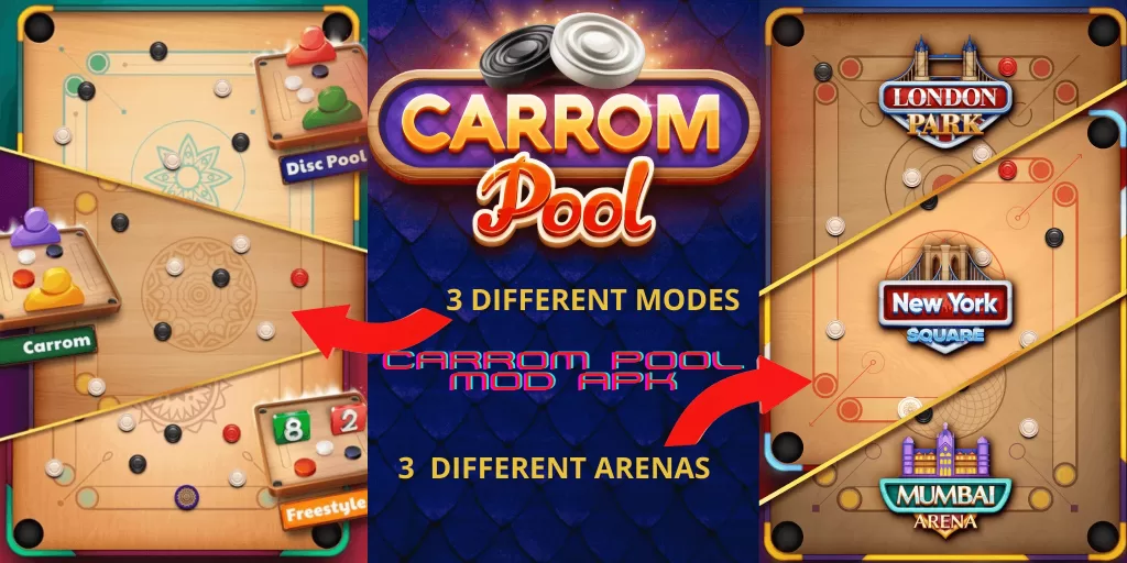 Carrom Pool MOAD APK different modes and arenas